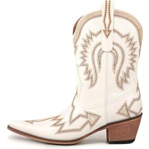 Women's Embroidered Cowgirl Boots Calf Thick Heels Pointed Head Country Music Festival Vintage Western Metal Cowboy Ankle Boot (White)