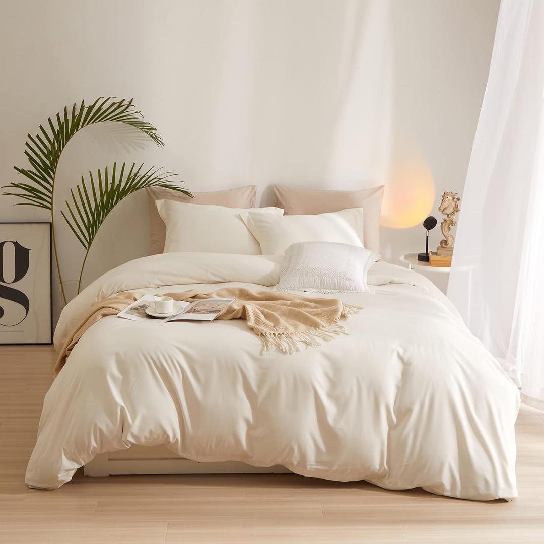 AMWAN Boho 3 Pieces Queen Size Soft Washed Microfiber Cream White Duvet Cover Set with Zipper Closure - Off White 90x90 Comforter Cover, 2 Pillowcases
