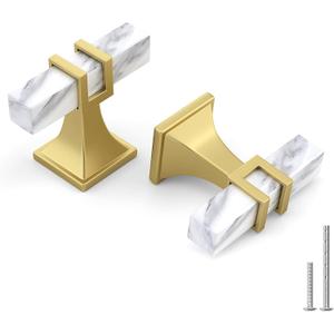 Haliwu 10 Pack White Marble Grain Cabinet Knobs, 2 Tone T-bar Gold Kitchen Handles, Solid Square Dresser and Drawer Pulls