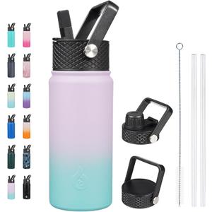 BJPKPK Insulated Water Bottles with Straw Lid, 18oz Stainless Steel Metal Water Bottle, Cold Hot Thermos with 3 Lids, Leak Proof BPA Free Travel Cup, Wide Mouth Flasks, Thermos -Oasis