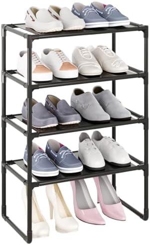 MUAHRCE 5-Tier Small Shoe Rack for Closet and Entryway, Narrow Shoe Shelf Organizer,Stackble Shoe Stand,Non-Woven Fabric Metal Free Standing Shoe Racks (Black, 18" W x 9.9" D x 28.6" H)