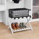 Fully Assembled White Bamboo Luggage Rack, 5 Straps Folding Suitcase Stand with Shoe Shelf, Heavy Duty Wood Large Luggage Holders for Guest Room, Bedroom, Hotel