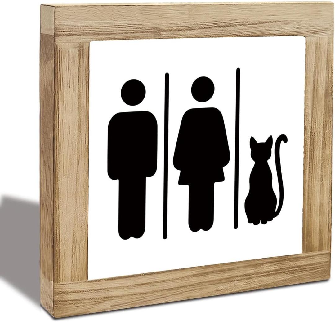 Bathroom Decor, Farmhouse Wood Sign with Featuring Patterns of Man Woman and Cat, Decorative Wooden Block Sign for Bathroom, Home Decor Gift for Friends Cat Lovers Family 5.9X5.9X0.7inches (Style 01)