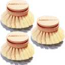 Classic Dish Brush Replacement Head 3 Packs, Natural Bristle Tampico Fiber for All Purpose Cleaning, Kitchen Scrubber