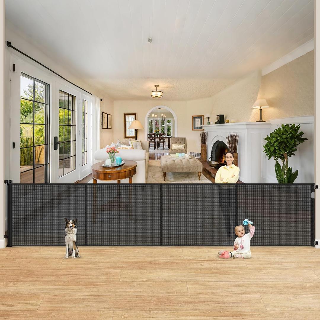 Reinforced 42" Extra Tall Retractable Dog Gate, 200" Extra Wide Baby Gate with Support Rods-Prevent Crawling Through, Outdoor/Indoor Baby Fence/Barrier/Blocker for Home, 16ft Retractable Garage Gate (Black)