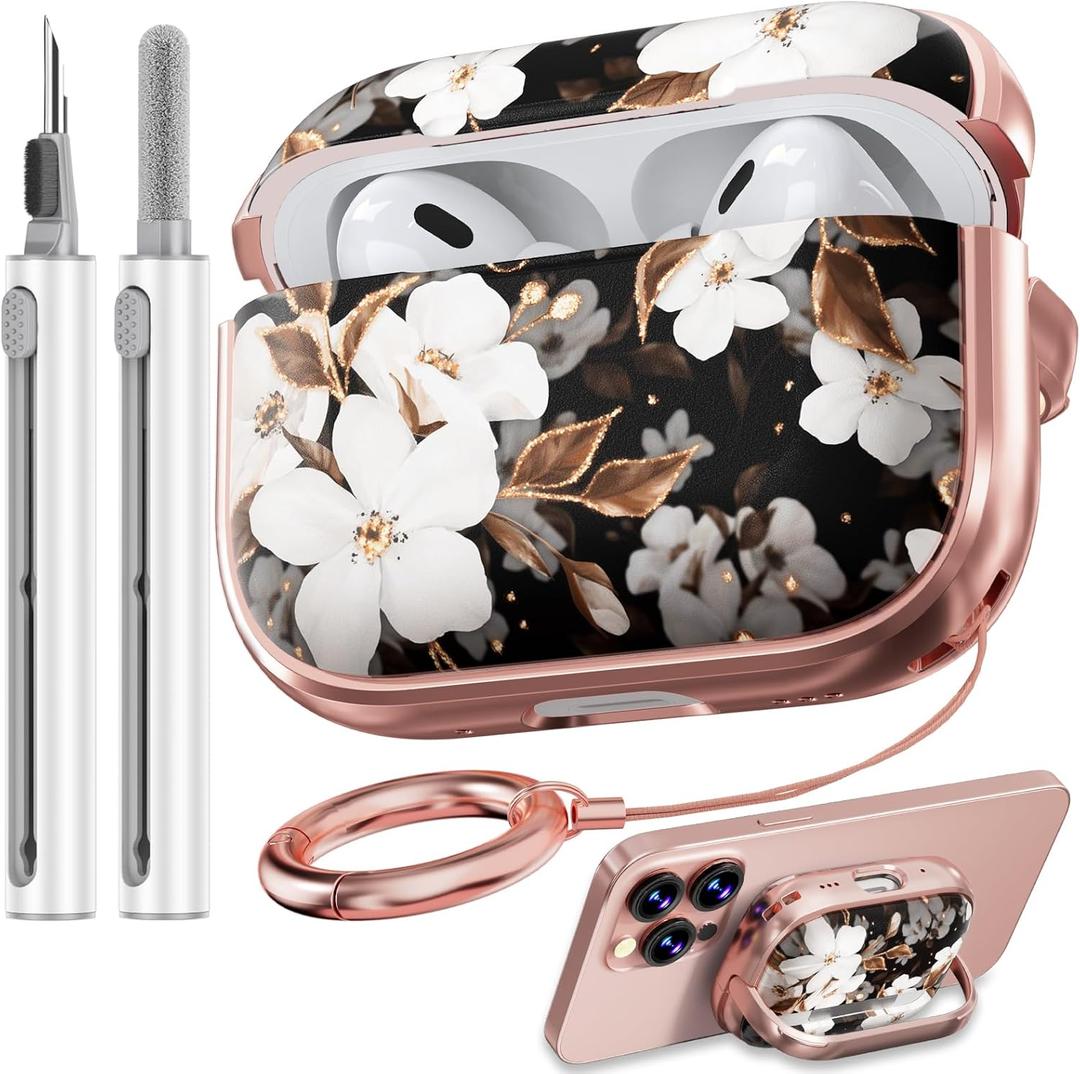 with Safety Lock for AirPods Pro Case, Flowers Cute AirPod Pro Case for Women Girls with Cleaner Kit - Black Gold