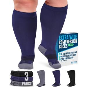 Doctor's Select 3 Pairs Plus Size Compression Socks Wide Calf - Up to 6XL | 20-30 mmHg Compression Socks for Women Wide Calf Soreness Support | Black, Gray, Navy, 3xl