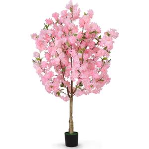 OUSHENG Artificial Cherry Blossom Tree, Fake Plants Indoor Decor, Faux Pink Sakura Flowers for Living Room Home House Entryway Bedroom Office Inside Decorations, 4FT