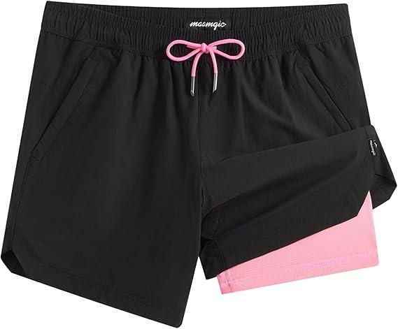 maamgic Men's Swim Trunks 5.5 inch Seersucker 2 in 1 Beach Shorts Quick Dry Bathing Suits with Compression Liner (Medium, Black Pink )