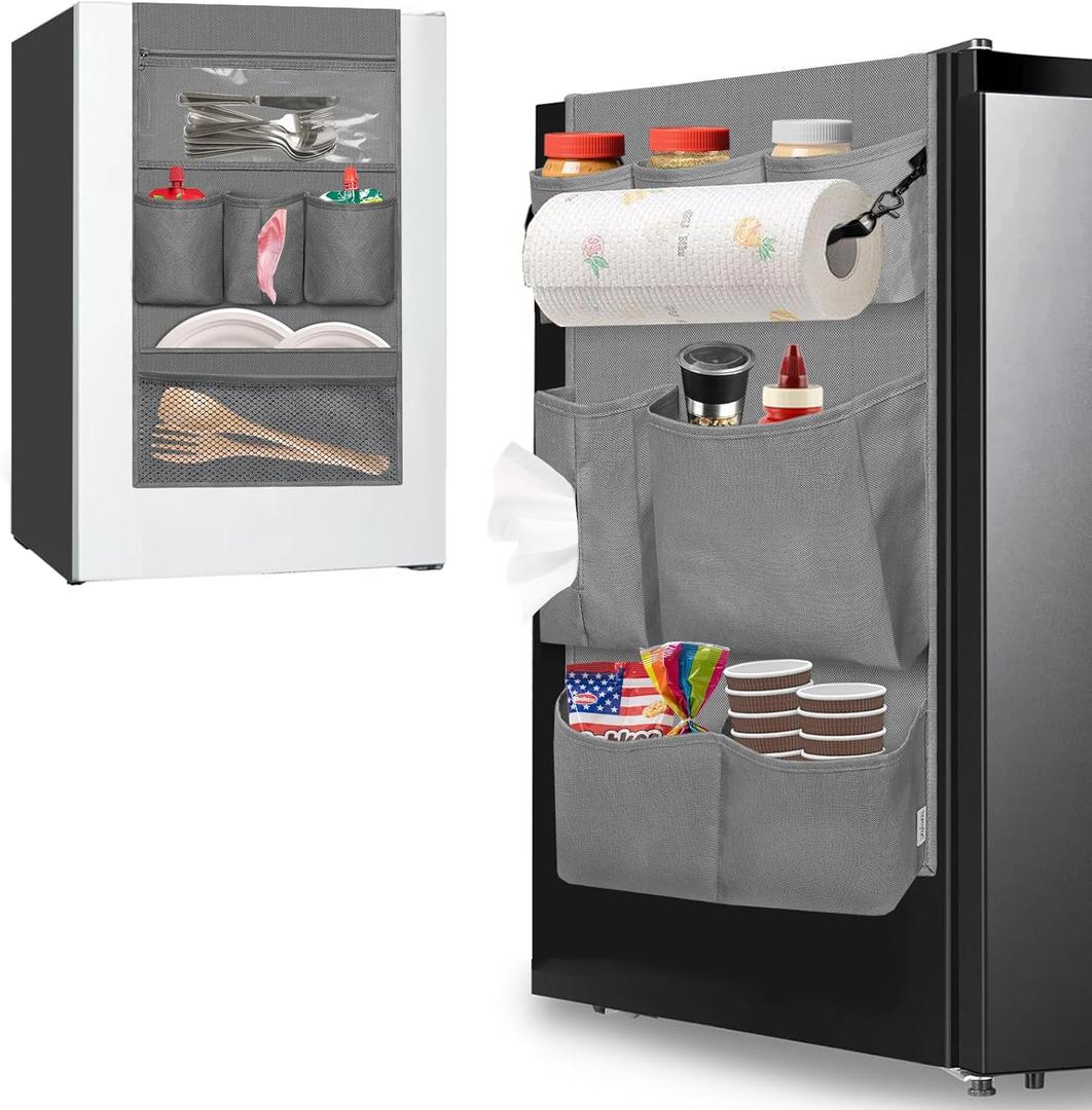 homyfort Mini Fridge Organizer, Over The Fridge Storage Organizer with 14 Pockets, College Dorm Fridge Storage for Office, Kitchen, Home, School, Gray
