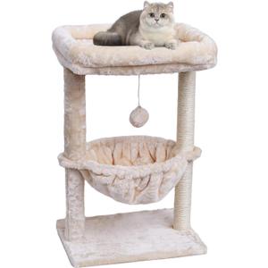 SYANDLVY Small Cat Tree for Indoor Cats, Activity Cat Tower with Scratching Post for Kittens, Cat Furniture with Basket & Hanging Ball for Play Rest, Beige