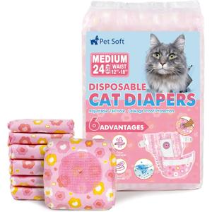 Pet Soft Disposable Cat Diapers - Diaper for Female & Male Cats, Puppy Doggie Diapers for Female Dogs with Adjustable Foam Tail Hole, Medium (24Pcs, PK Flowers)
