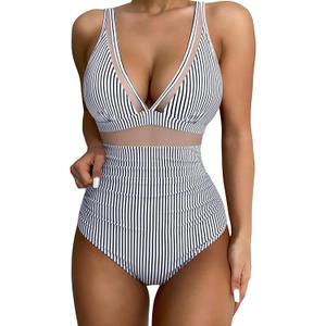 SUUKSESS Women Sexy Mesh Tummy Control Swimsuit Push Up High Waisted Bathing Suit (10 Black Striped)