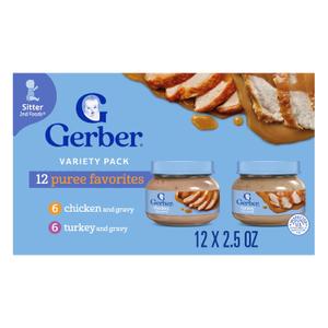 Gerber Stage 2 Baby Food, Chicken & Turkey Variety Pack Jars, Mealtime Poultry Puree, Baby Food Puree,12-Pack (EXP 09/30/26)