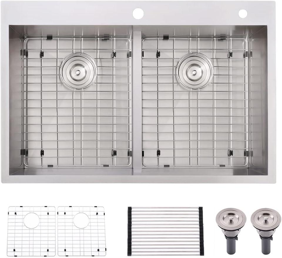 33 Inch Drop In Kitchen Sink Double Bowl, 33x22 Stainless Steel Sink 16 Gauge Deep 50/50 Low-Divide Top Mount Kitchen Sinks with Accessories (Brushed Nickel)