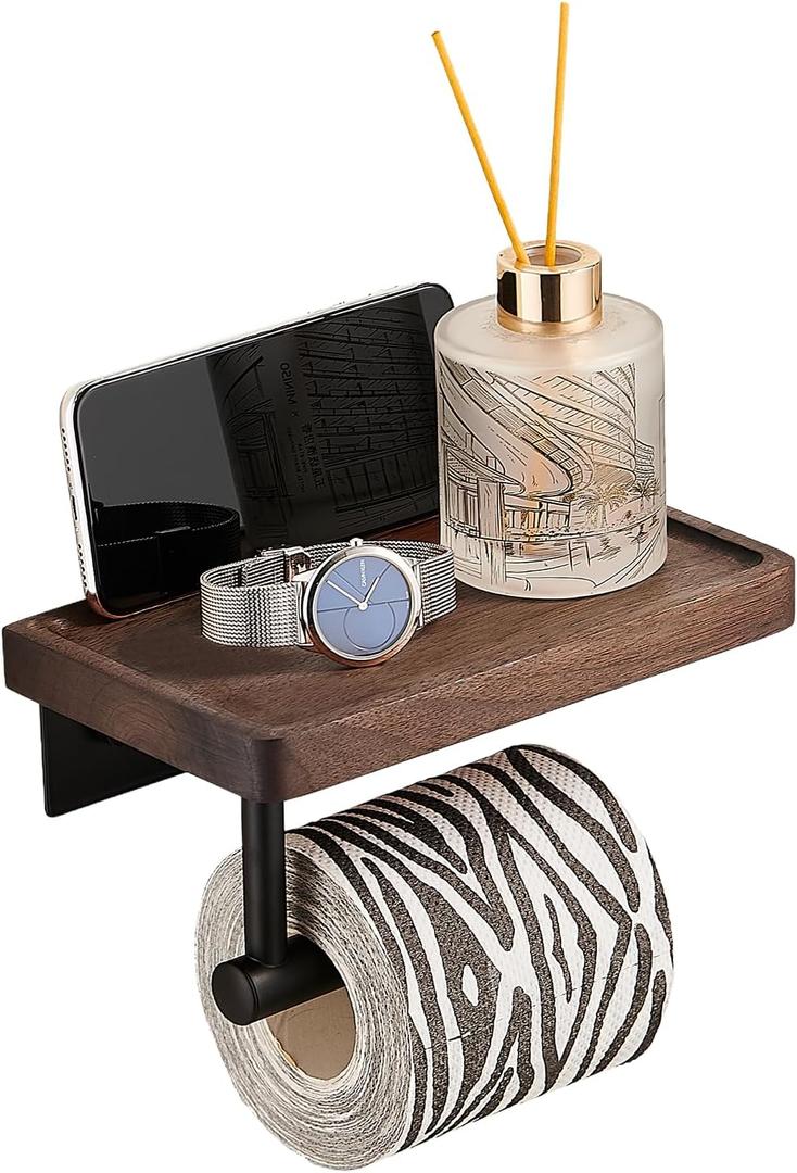 Toilet Paper Holder with Walnut Wood Shelf, Adhesive & Wall Mounted Toilet Paper Roll Holder, Black Stainless Steel Rustproof Toilet Paper Holder for Bathroom, Washroom, RV, Kitchen