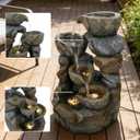 Outdoor Water Fountain with LED Lights, Resin Bowl Waterfall Fountain for Garden Decor Indoor Outdoor Use, 10.2"x6.9"x15.7" (Light Brown)