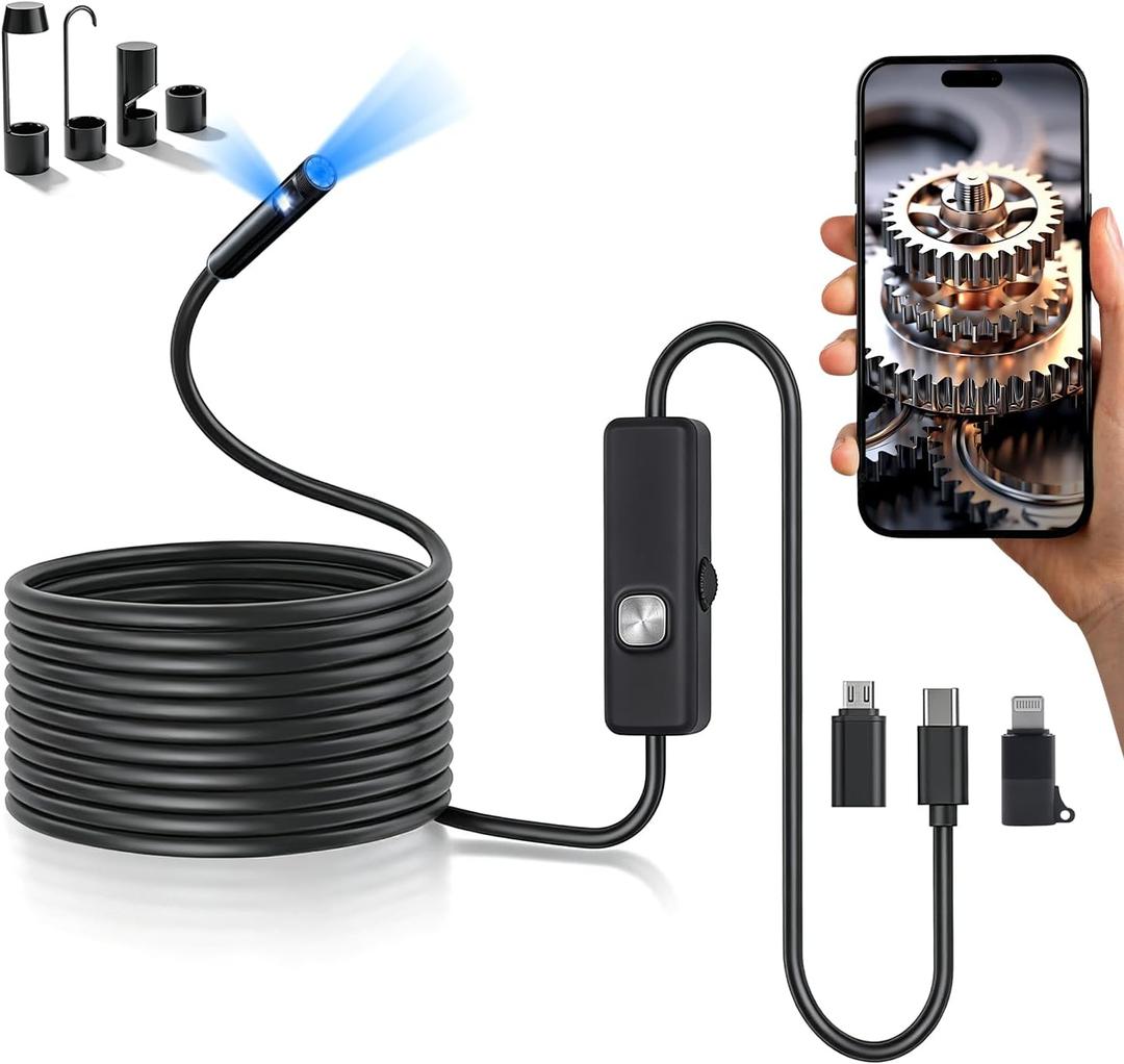 Endoscope Camera with Light,16.4ft Dual-Lens Borescope Tools with 8 Adjustable LED Lights, Endoscope with Semi-Rigid Snake Camera, IP67 Waterproof Inspection Borescope for iOS and Android