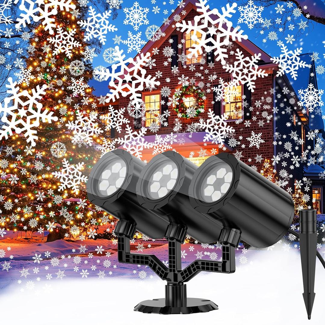 YAGOPAL Christmas Snowflake Projector Lights Outdoor 360Rotating Brightness Three Head Projection Lights Decor Suitable for Christmas, Indoor and Outdoor Party Decorations