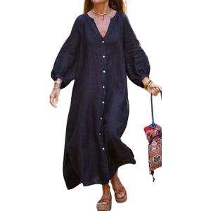 chouyatou Women Summer Long Sleeve Notch Neck Maxi Linen Shirt Dress Loose Button Down Tunic Shift Dress (Black, XS)