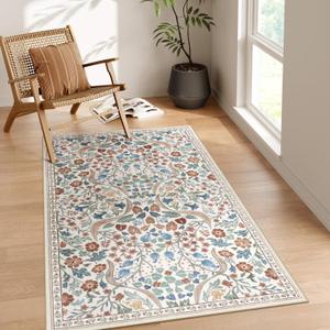 Moynesa Floral Washable Area Rugs, 3x5 Rugs for Bedroom Non Slip Soft Entry Rug, Boho Flower Small Living Room Throw Rug Ultra Thin Floor Carpet for Dorm Bathroom Nursery, Beige