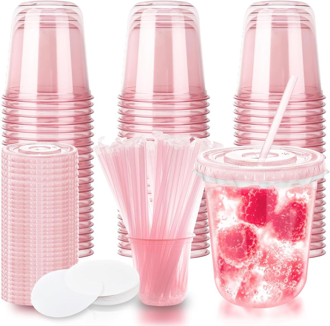 12oz Disposable Stemless Glasses with Flat Lids and Straws,PET Disposable Drinking Cups,Clear Plastic Wine Glasses for Parties Birthday,Wedding,Meeting,Christmas Party Supplies. (50, Pink)
