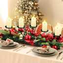 Christmas Tabletop Centerpiece 30 Inch Christmas Poinsettia Candle Holder with 5 Candle Artificial Table Decorations with Red Berries Gold Plants(Red Ball)