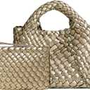 OUYGZOU Woven Tote Bag for Women with Coin Purse, Foldable Chain Small Crossbody Handbags, Fashion Shoulder Bag, Hobo Satchel (Champagne Gold)