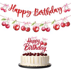 2 x Cherry Birthday Party Decorations - Cherry Themed Banners Decoration Pink Bow Fruit Cake Topper Decor Supplies for Girls Women