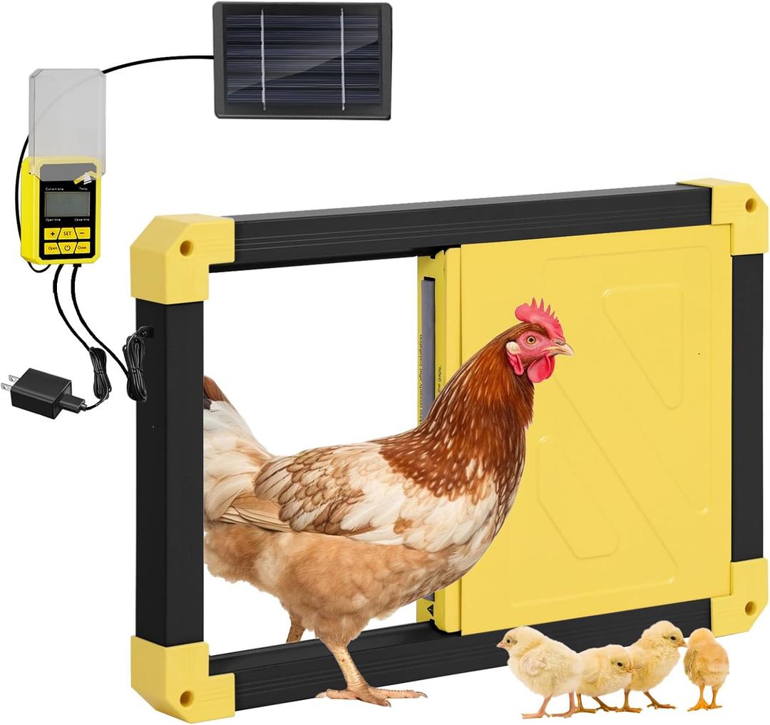 Automatic Chicken Coop Door Powered with Heating, Anti-Pinch Design Solar Chicken Door Opener, Auto Chicken House Run Door with Three Power Supply Modes for Chickens and Ducks (Black)