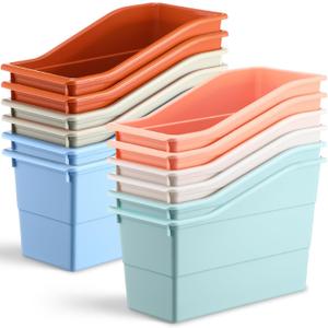 Affrolling 12 Packs Book Bins for Classroom Plastic Book Binder Holders Vertical Organizer Baskets Storage Boxes for Classroom Library Home Office Organization Stationery Supplies (Light Colors)