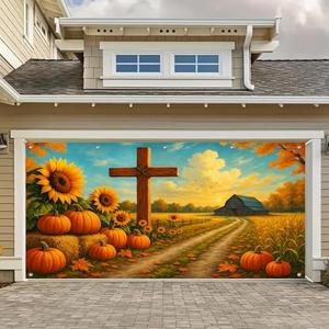 BlissYard Thanksgiving Garage Door Cover Fall Garage Door Banner Pumpkin Garage Door Decorations Autumn Garage Mural 13x6ft Cross Harvest Sunflower Barn Backdrop for Outdoor Fall Porch Decor