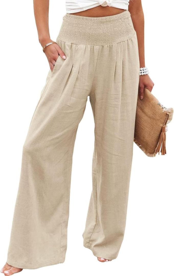 Chatinction Women Linen Palazzo Pants Flowy Wide Leg High Waist Lounge Boho Pant Trousers with Pockets (Small, Beige)