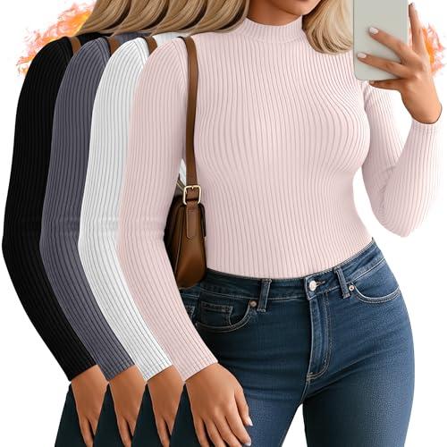 Oakgarden 4 Pack Women's Plus Size Mock Turtleneck Tops Thermal Fleece Ribbed Long Sleeve Cotton Fitted Shirts Layer Sweater(Light Pink, White, Gray, Black,XX-Large)