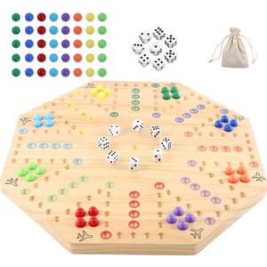 HOROW Wahoo Board Game Wooden Original Board Game Classic 2 Side Painted Fast Track Game for 6 Player and 8 Player with 32 Marbles,8 Dices for Family Game Night(8-Player,Log), Medium