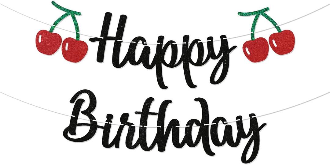 Cherry Birthday Banner - Cherry 1st Birthday Banner, Fruit Theme Bday Party Decorations Black Glitter
