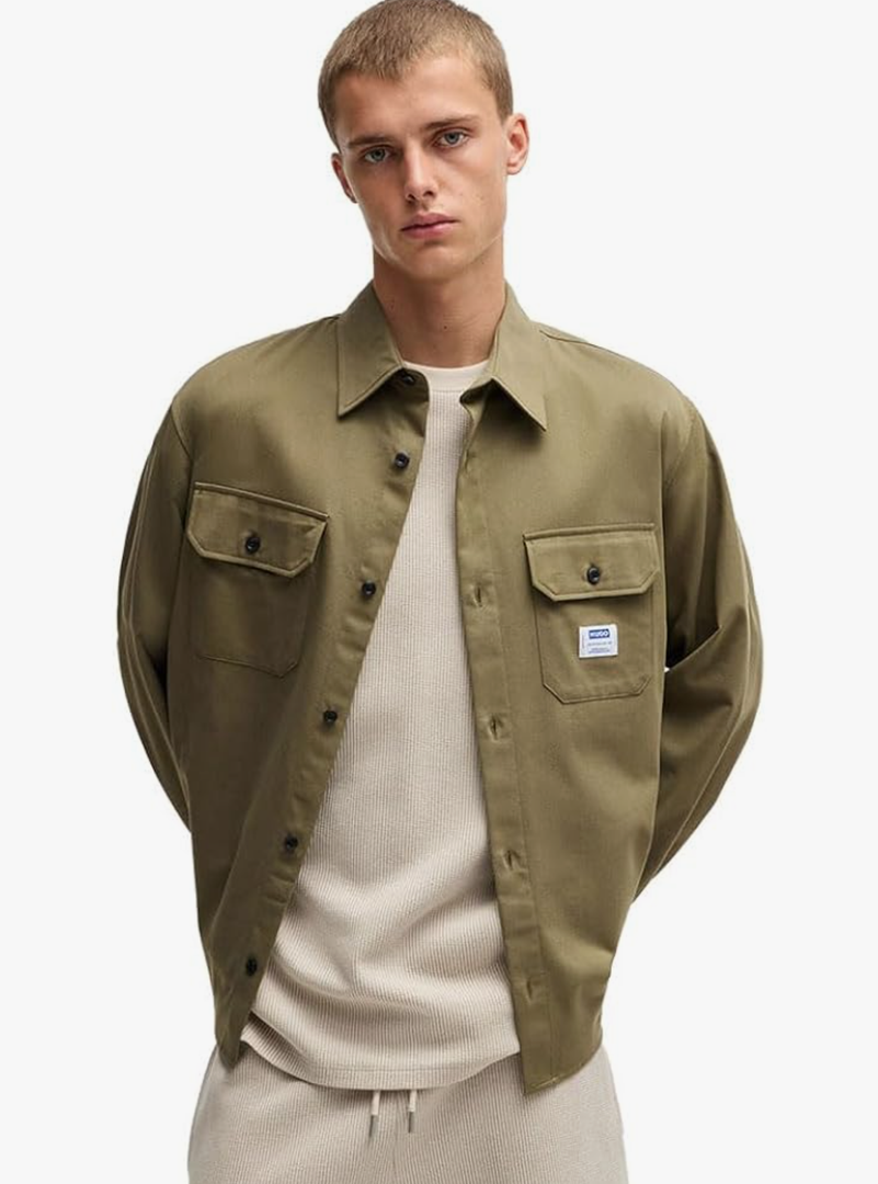 HUGO, Cotton Mix Canvas Zip Up Overshirt, British Olive, XL