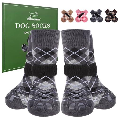EXPAWLORER Dog Socks to Prevent Licking Paws,4 Pcs Double Sided Anti Slip Dog Booties for Winter,Dogs Boots & Paw Protectors Dog Shoes for Small Medium Large Senior Dogs,British Style,Black Medium