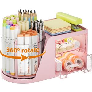 Marbrasse Desk Organizer with 2 Drawer, 360Rotating Pen Holder, Desk Organizers and Accessories with 6 Slots Pencil Organizer + 2 Drawer, Art Supply Storage Box Caddy for Office (Pink)