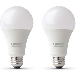 Feit Electric A19 100W Equivalent LED Light Bulbs, Dimmable, 3000k Bright White, 1600 Lumens, 22 Year Lifetime, E26 Base, CRI 90, UL Listed, Damp Rated, 2 Pack, OM100DM/930CA/2