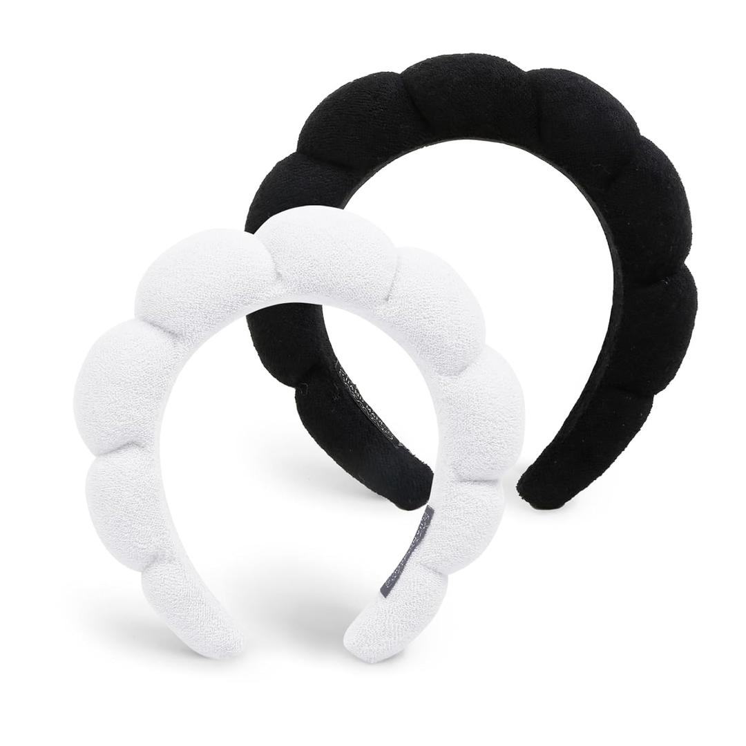 Tobeffect 2 Packs Spa Headbands for Washing Face, Facial Makeup Head Bands Puffy Terry Cloth Hair Bands Set Skincare Hair Accessories for Women Girls Skin Care Gifts (Black and White)