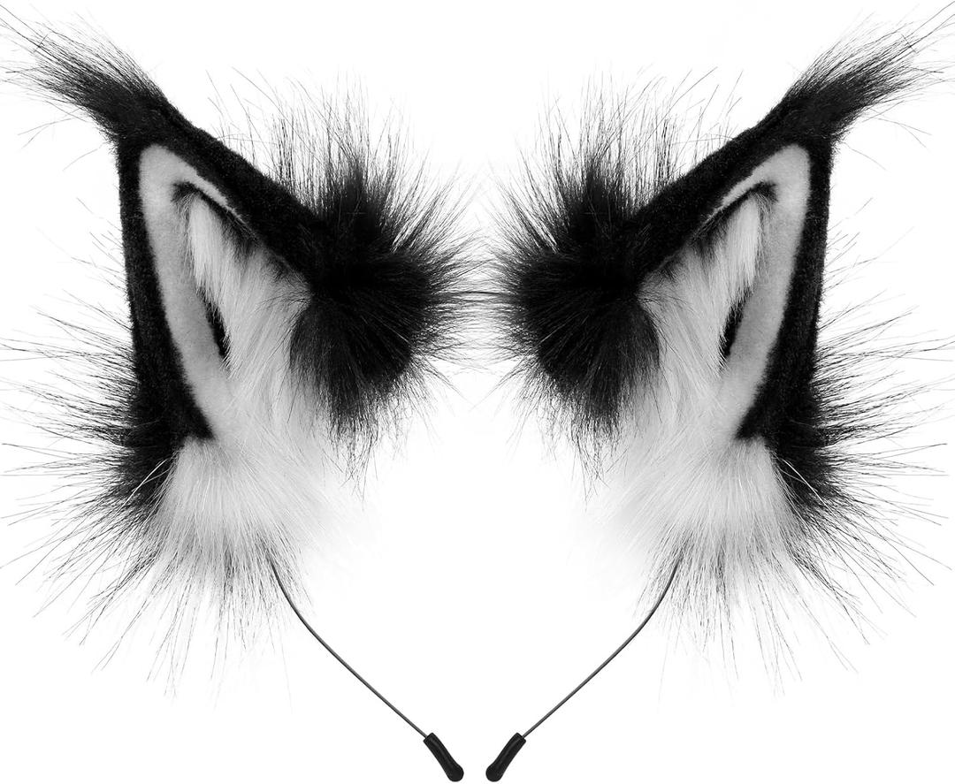 Handmade Fox Wolf Cat Ears Headband Furry Animal Cosplay Costume accessory for Halloween Party Festival (Blackwhite)