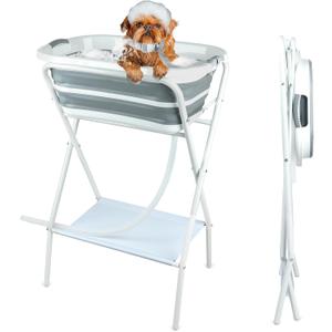 FHTONGE Elevated Dog Bathtub Grooming Station with Drain Adjustable Collar, 2 in 1 Collapsible Dogs Beautify Bathtub Portable Pet Washing Station, Pet Tub for Small Medium Dog Cat Shower Hairdressing