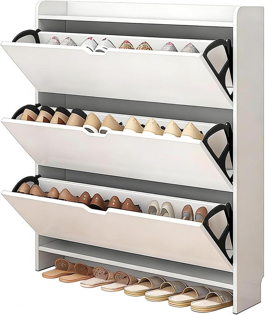 Ultra-Slim Storage Cabinet for Entryway, 6.7 Narrow Organizer with 3 Flip Drawers, Wall-Mount Anti-Tip Design, Modern White Shoe Cabinet(White,45.3" H31.5" W6.7" D)