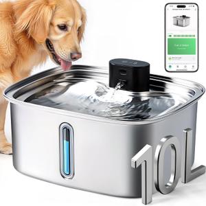 Vacqueen Dog Water Bowl Dispenser Large,10L Dog Water Fountains with APP Monitoring, Pet Cat Water Fountain Stainless Steel, Safe Multi-Filtered Automatic Water Dispenser for Dogs 2.4G Wi-Fi 2.64Gal/338 Oz (Silver)