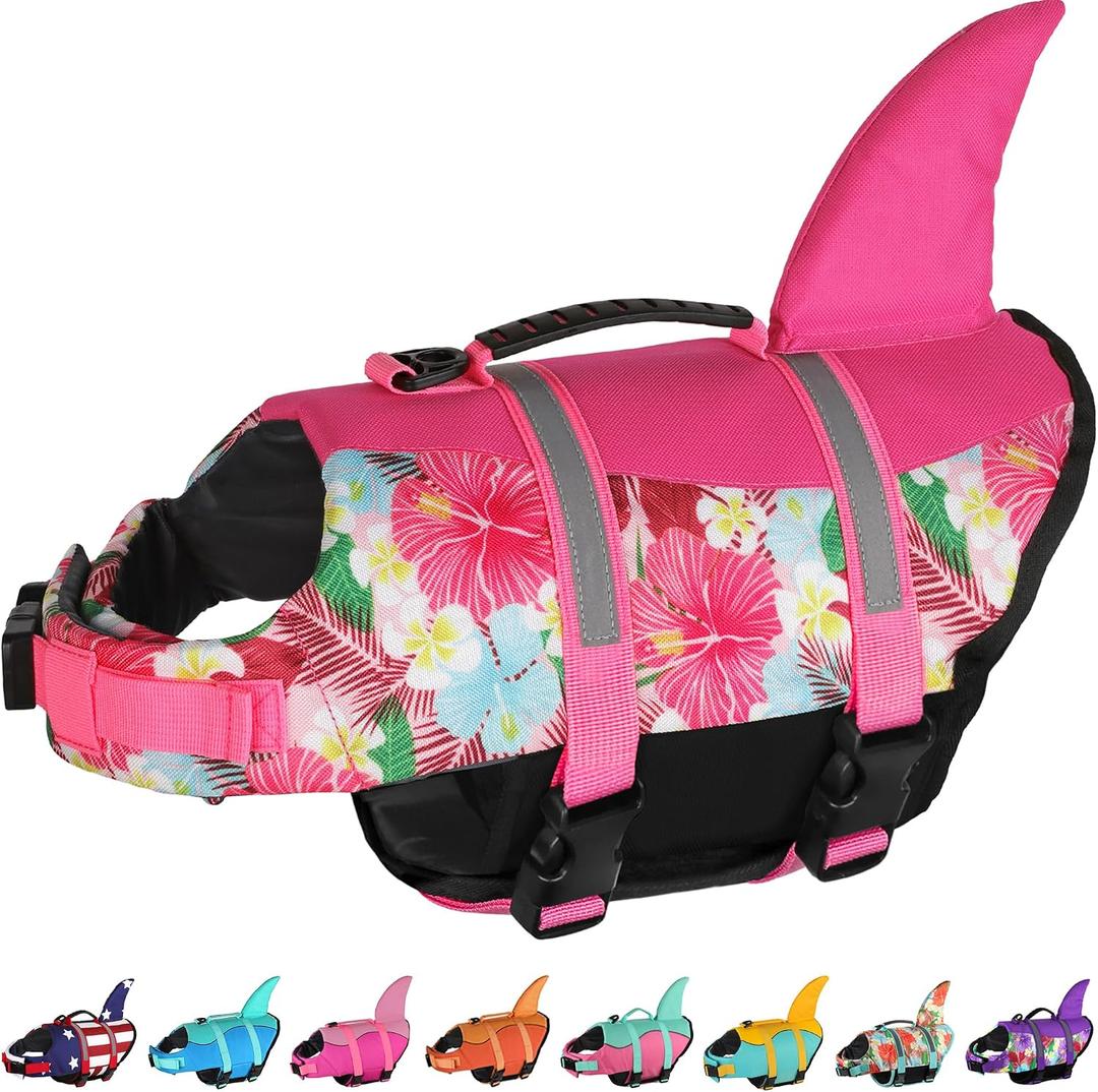 Dogcheer Dog Life Jacket Shark, Hawaiian Style Dog Life Vest for Swimming Boating with Superior Buoyancy and Rescue Handle, Reflective Pet Swim Vest for Dogs - Flower Pink, L