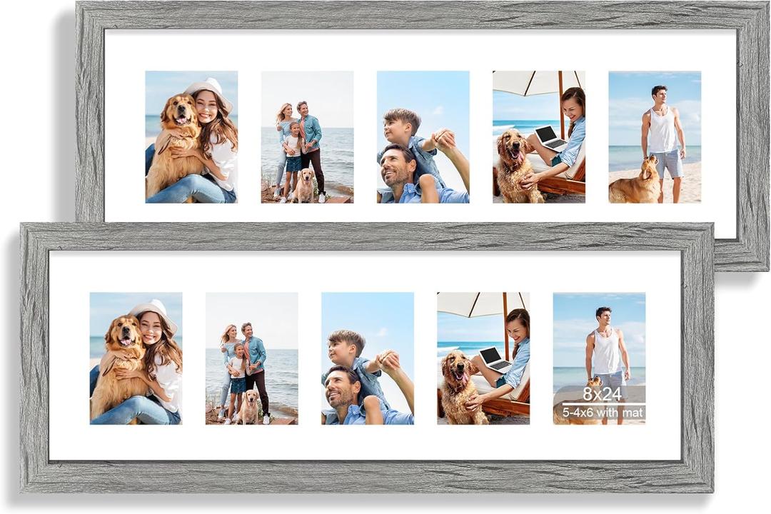 Hongkee 8x24 Picture Frame 2 Pack, Rustic Grey Wood Frame with Tempered Glass, Display Pictures Multiple Five 4x6 With Mat or 8 x 24 Without Mat - Horizontal or Vertical Wall Mounting