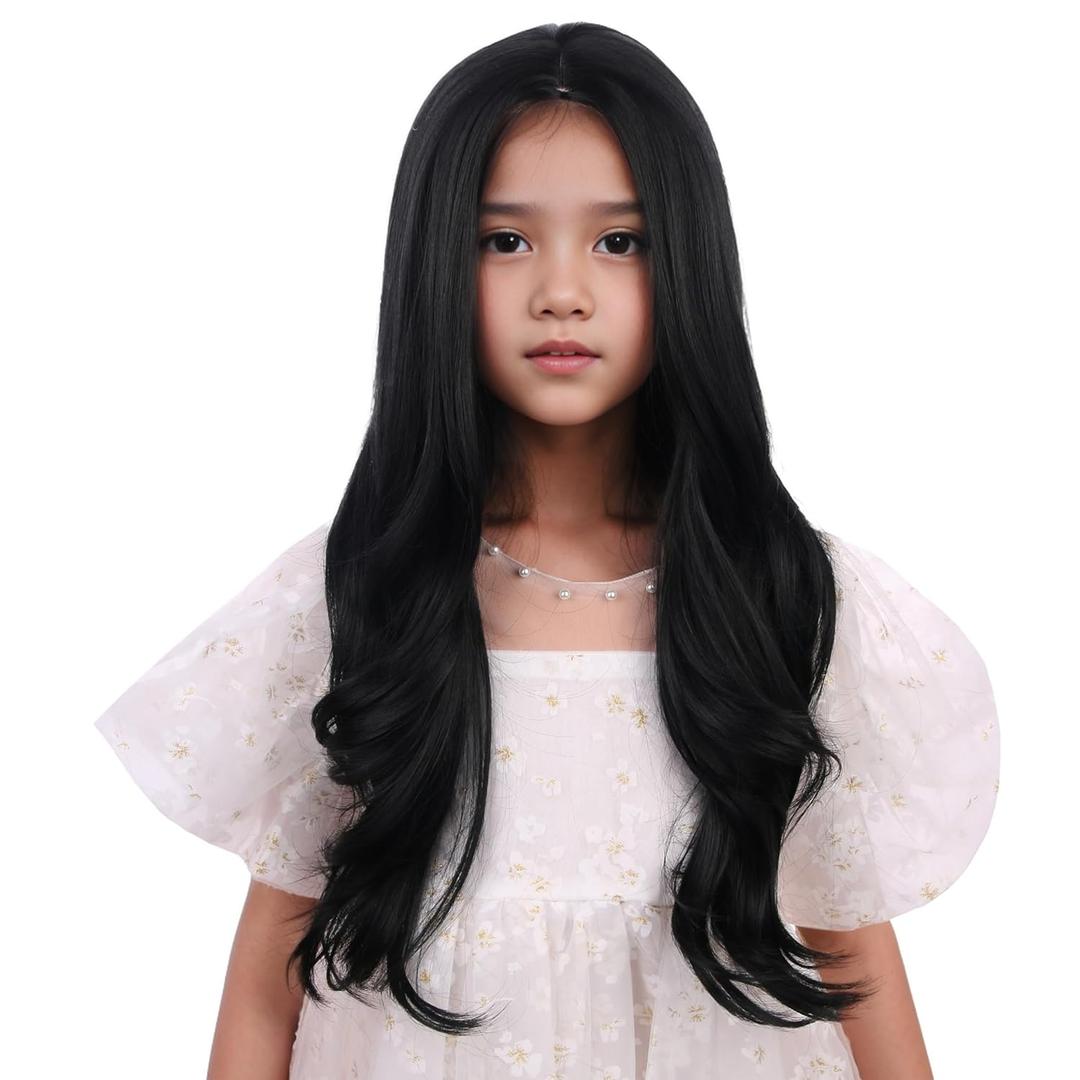 Black Wigs for Kids Girls Long Black Wavy Curly Wig Long Middle Part Wig Natural Synthetic Hair Wigs with Net Include