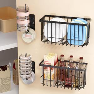 4 Pack Adhesive Cabinet Door Organizer - Tumbler Lid Organizer & Kitchen Storage baskets for Kitchen, Bathroom, Inside Cabinet Door Storage for Cup Lids, Spices, Small Supplies, Space-Saving (Black)
