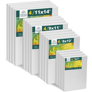Inburit Canvas for Painting for Adults & Kids 16 Pack with 11x14, 9 x12, 8x10, 5x7 (4 of Each), Blank Primed Stretched Canvases for Oil, Acrylic & Other Painting Media